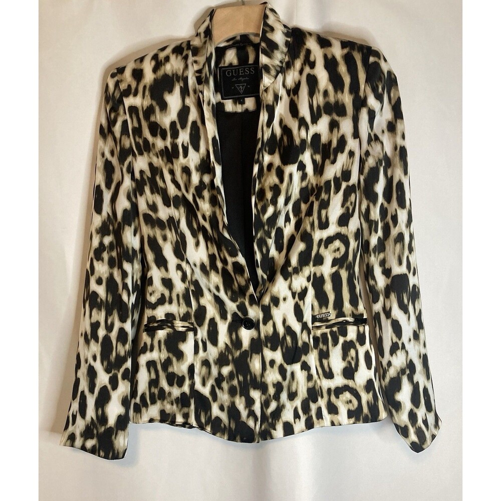 Vtg Guess Blazer Womens 4 Leopard Cheetah Jungle Jacket Silky Career Office Prep